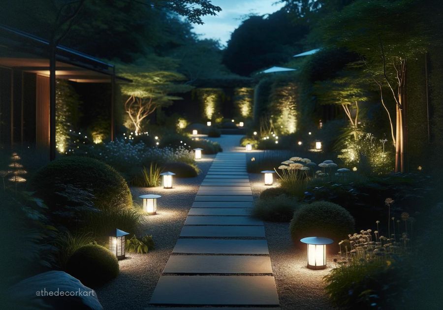 Metal lanterns lining the garden pathways