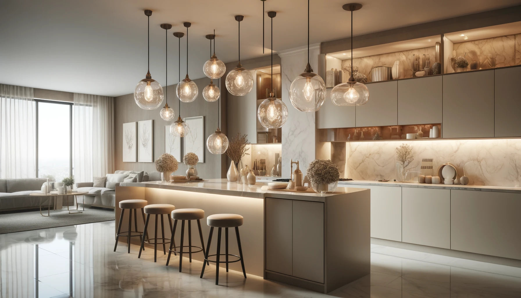 Elegant interior showcasing a variety of glass pendant lights, enhancing the overall decor with their refined and luminous appeal.
