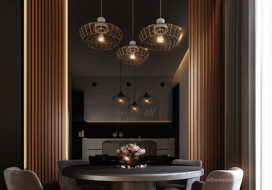 A variety of hanging ceiling lights creatively integrated into different room decors, illustrating versatility and style in lighting.
