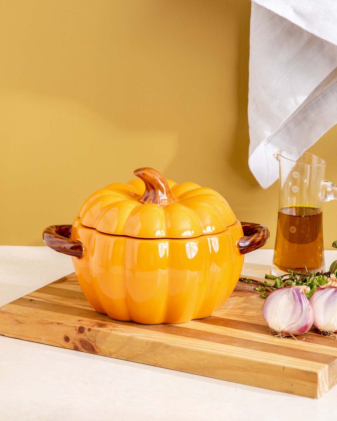 Pumpkin Shaped Ceramic Stew Bowl with Lid - Orange
