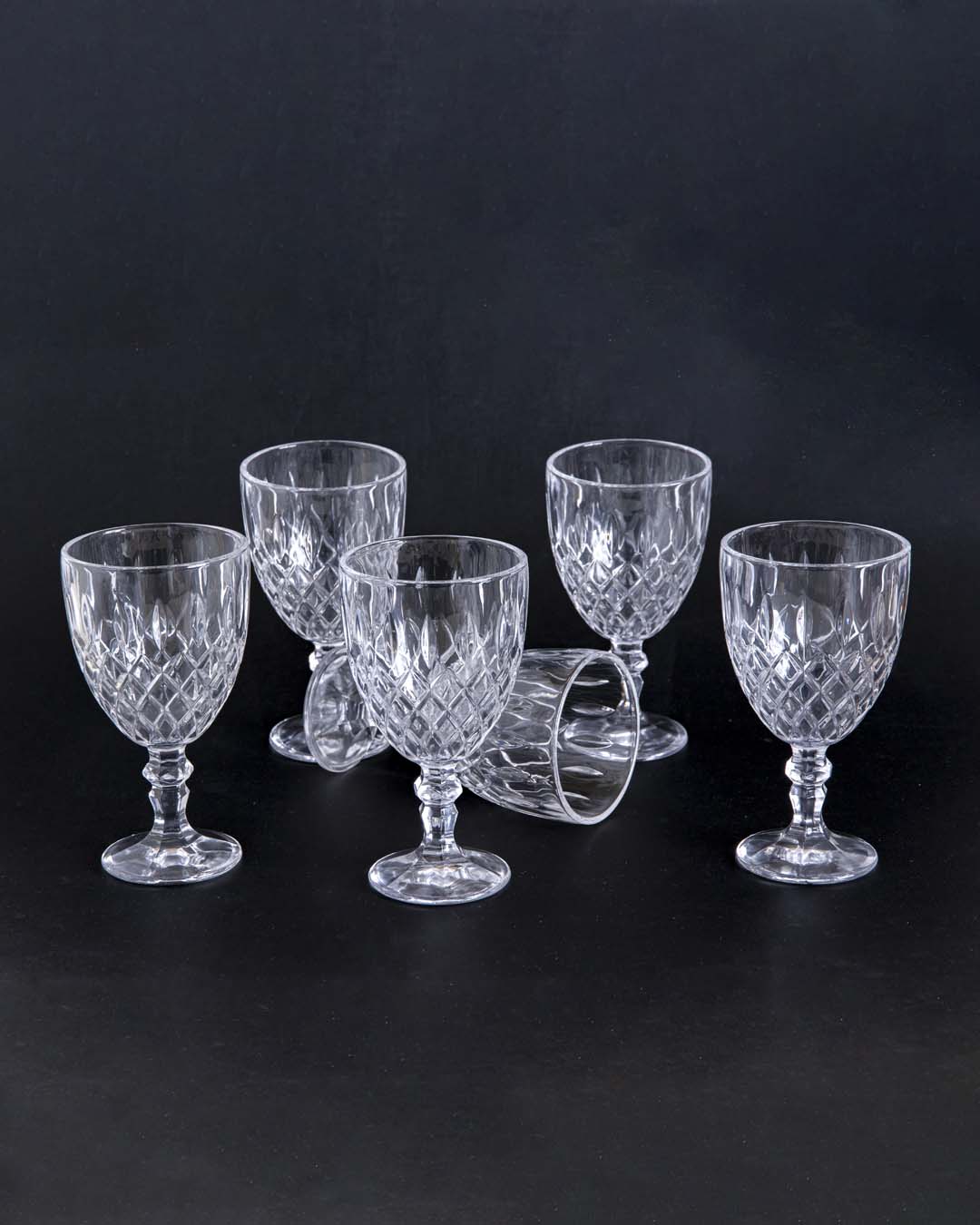 Diamond Cut Footed Drinking Glass - Set Of 6