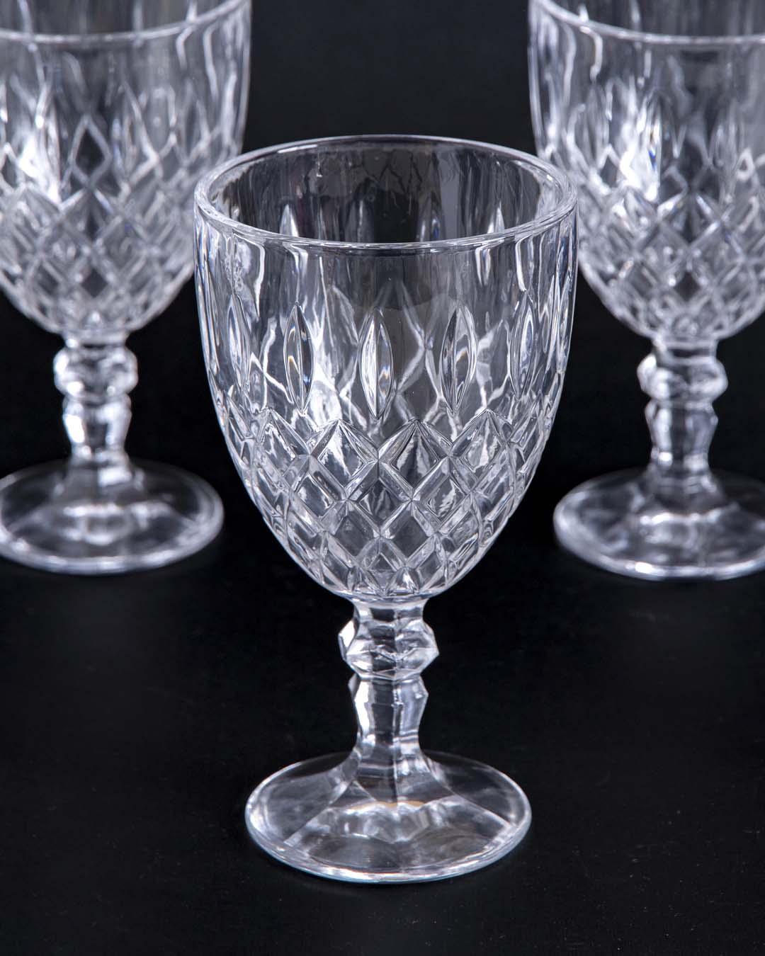 Diamond Cut Footed Drinking Glass - Set Of 6