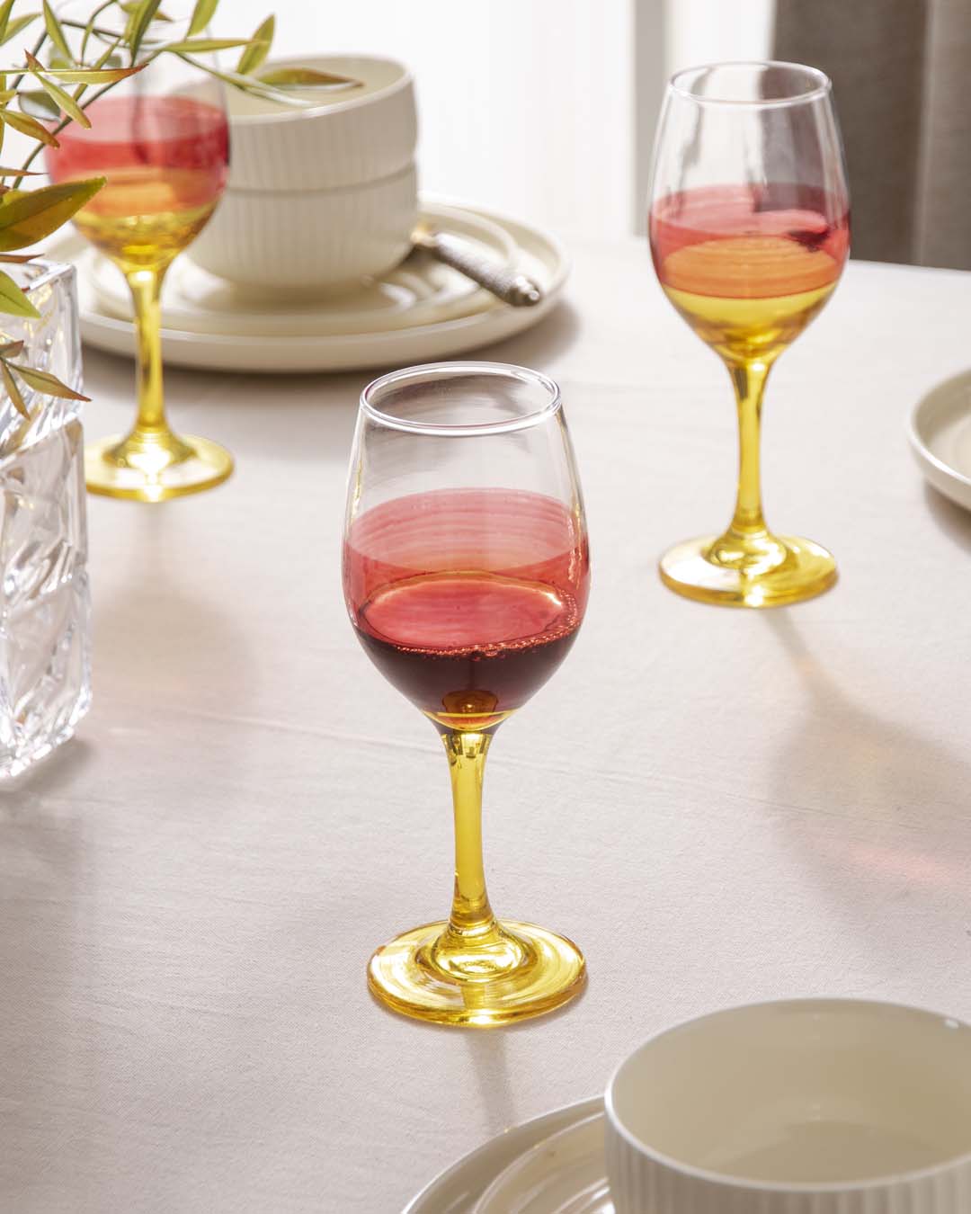 Yellow Tinted Base Wine Glass - Set Of 6