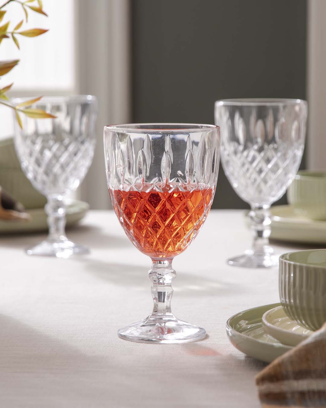 Diamond Cut Footed Drinking Glass - Set Of 6