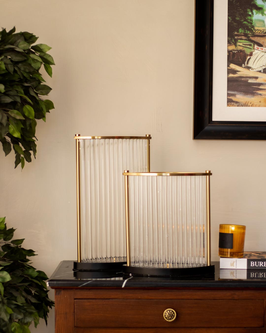 Golden Border With Glass Rod Candle Holder - Small - The Decor Kart