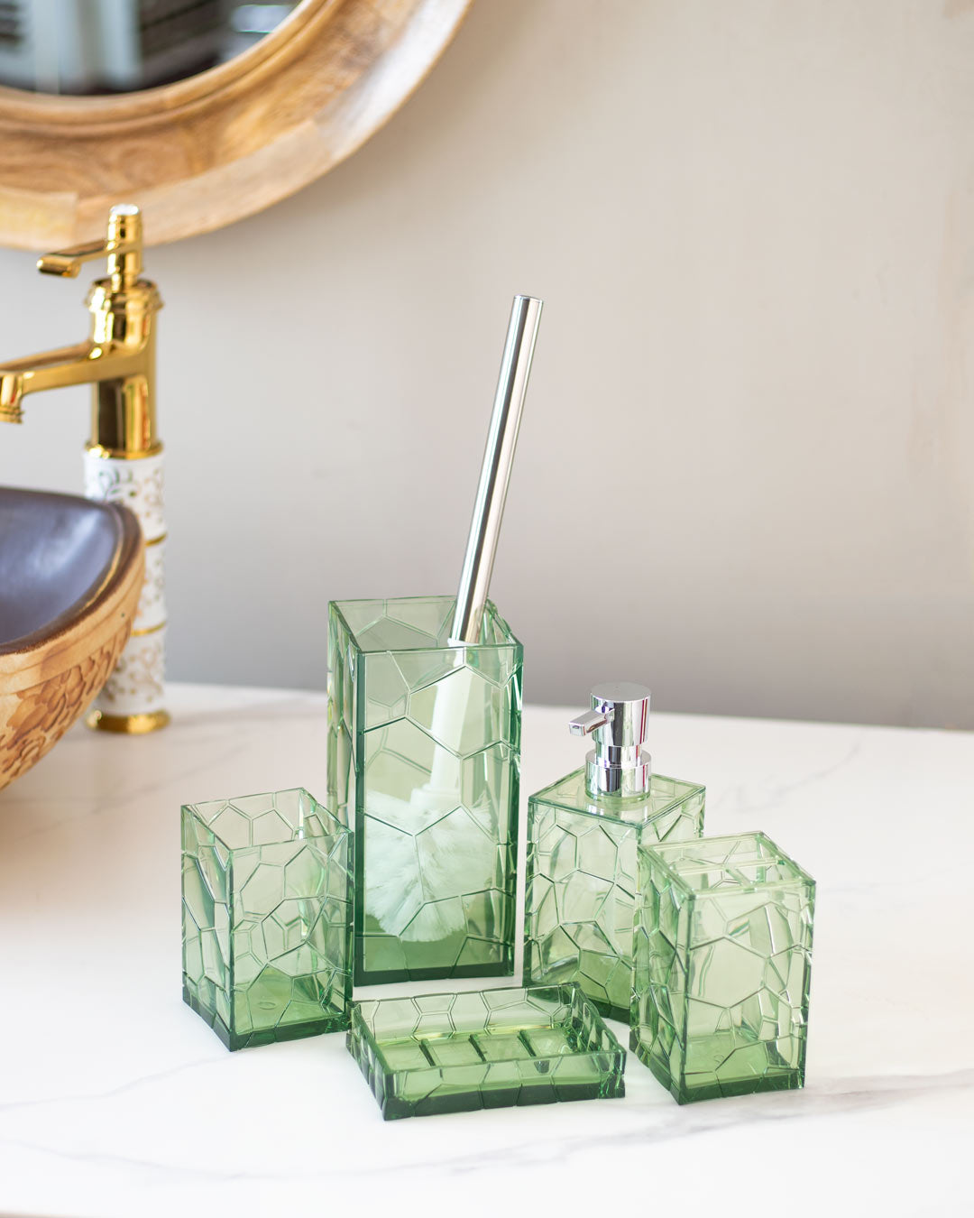 Pack of 5 Modern Glass Bathroom Accessories Set - Green - The Decor Kart