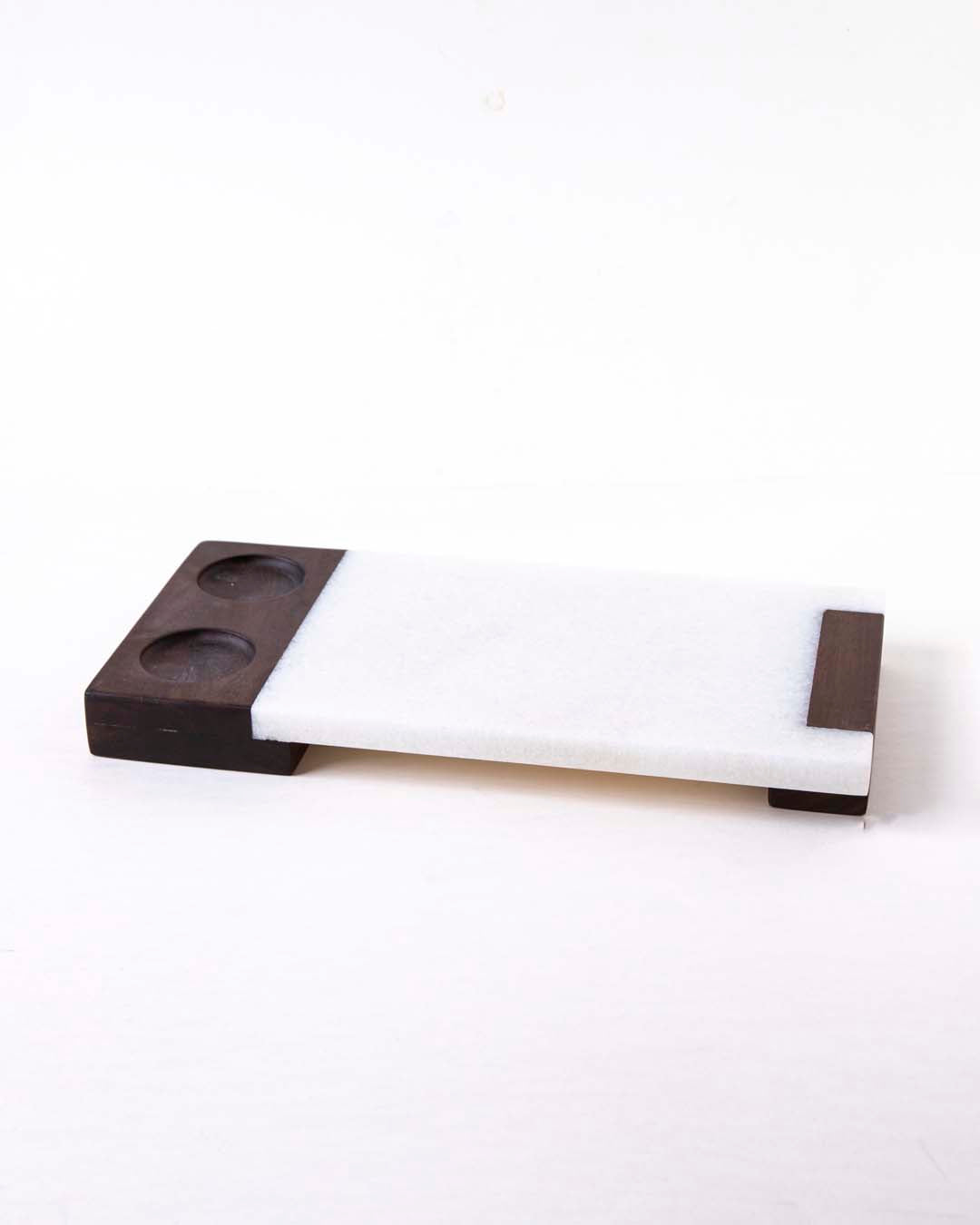 Marble And Wood Dual-Dip Serving Tray
