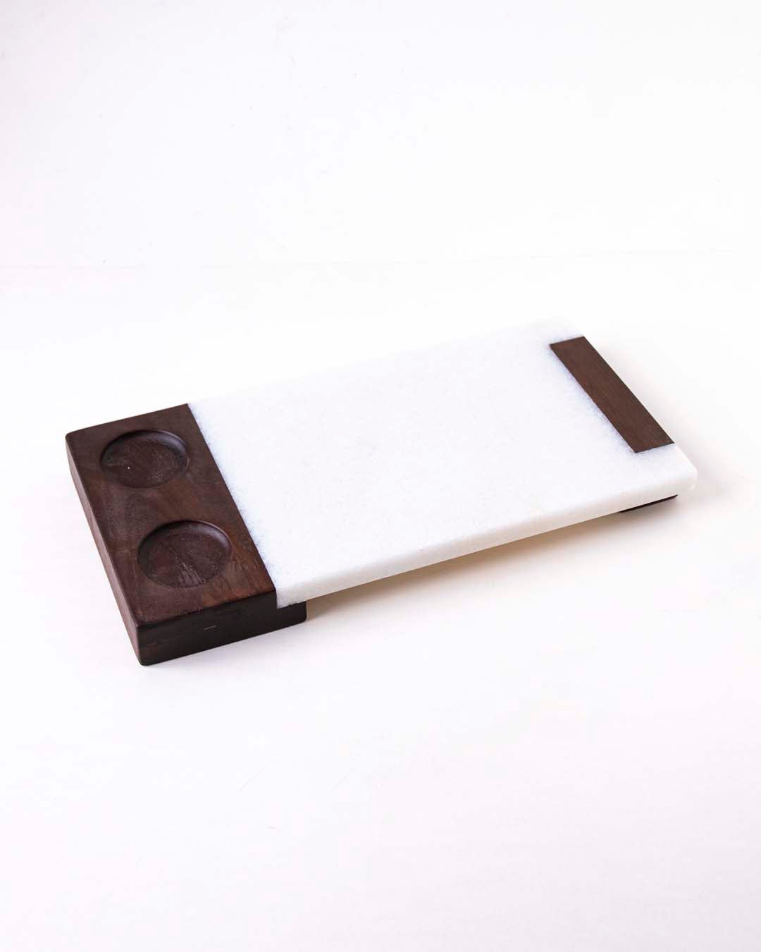 Marble And Wood Dual-Dip Serving Tray