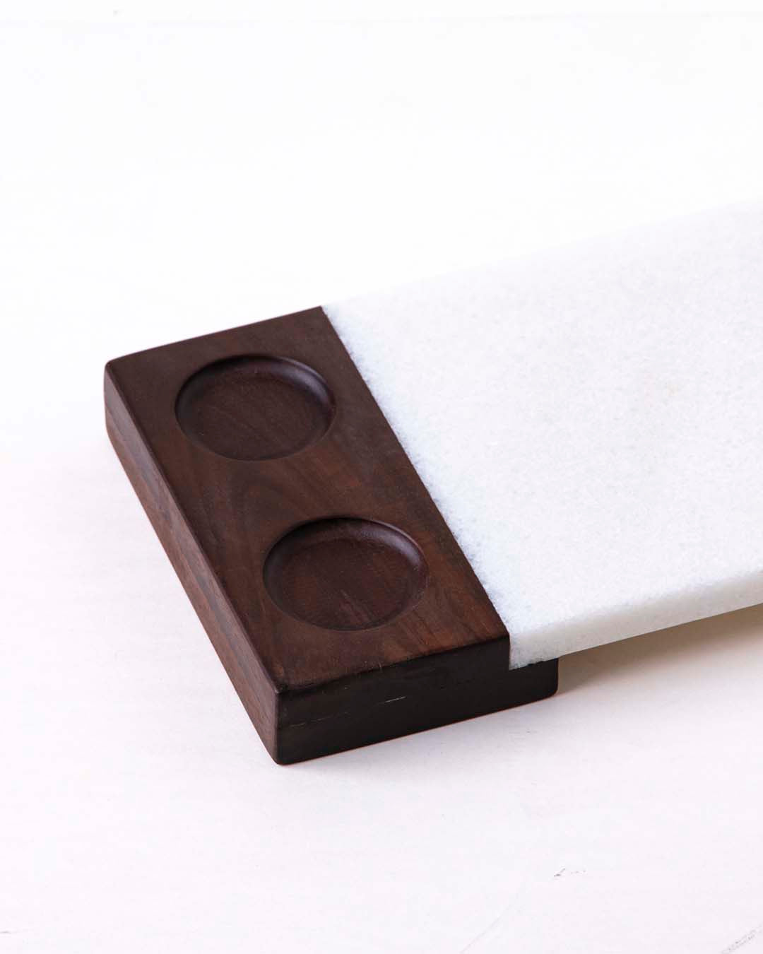 Marble And Wood Dual-Dip Serving Tray