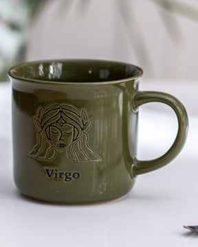 Close up view of Virgo astrological sign mug in a soothing green hue 