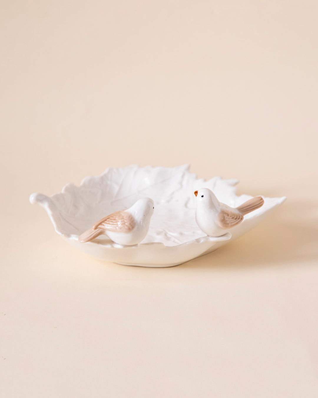 Bird on Maple Leaf Ring Dish - White