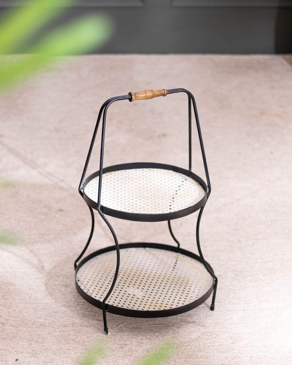 Side view of the Provence Basket Rack, emphasizing the antique black brushed copper design, perfect for a stylish kitchen organization.