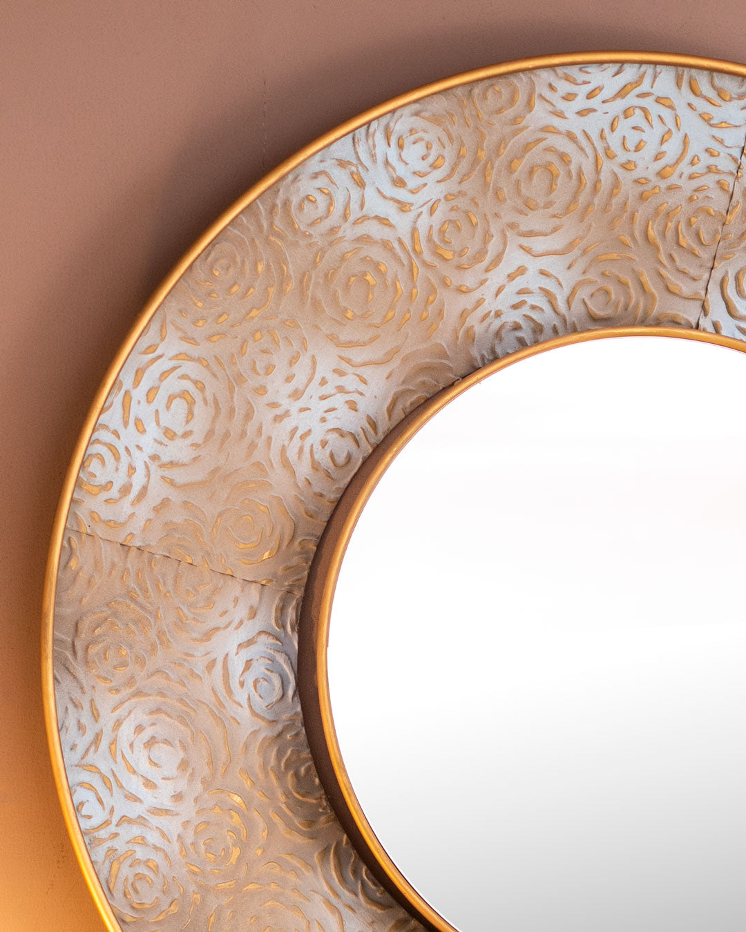 Detailed view of Moroccan-inspired filigree circles wall mirror, emphasizing the textured frame that exemplifies skilled craftsmanship, ideal for creating a statement wall in a living room or hallway.
