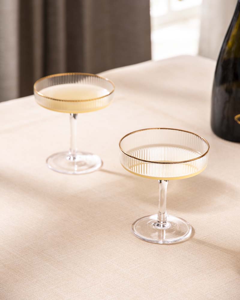 Golden Rim Ribbed Coupe Glass - Set of 2