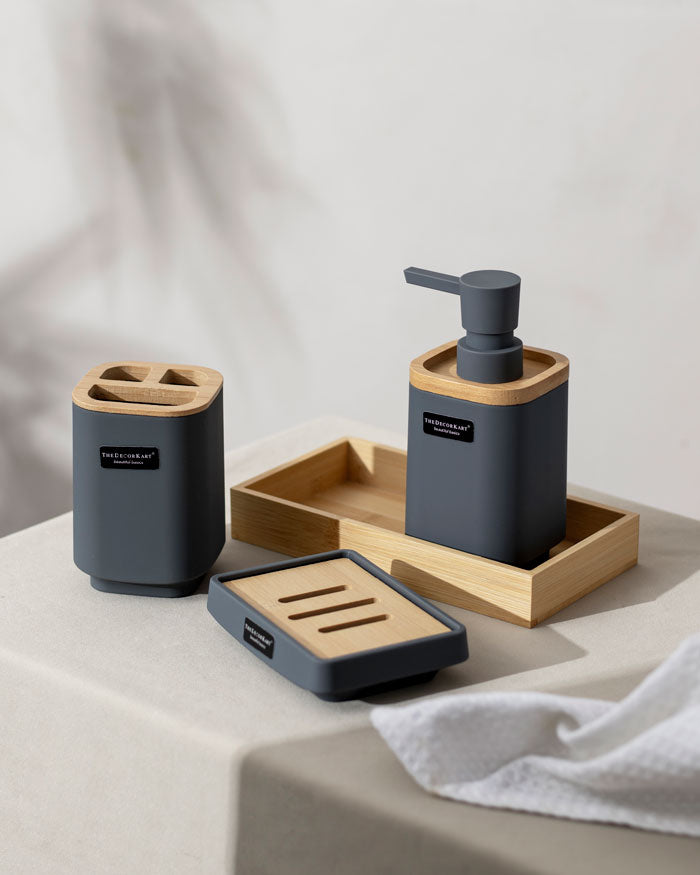 Bathroom set displayed on vanity