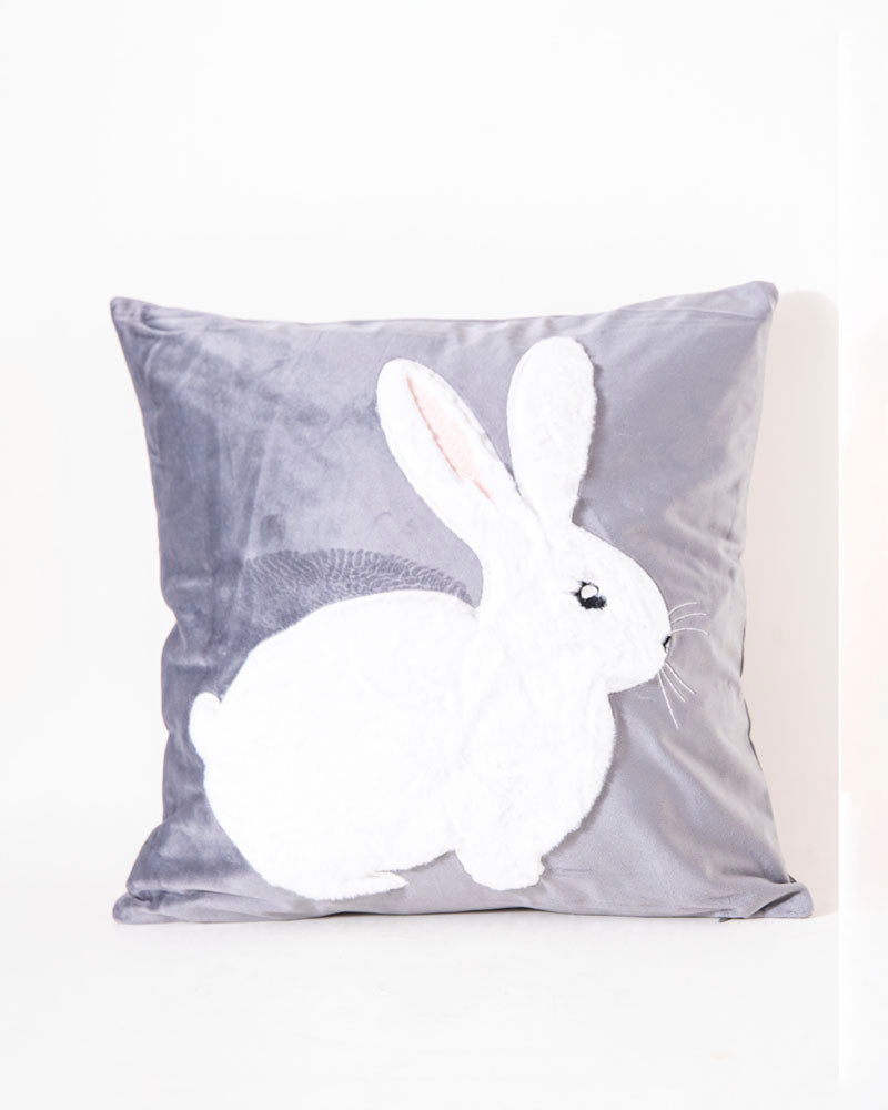 Rabbit Embroidery Cushion Cover - Grey