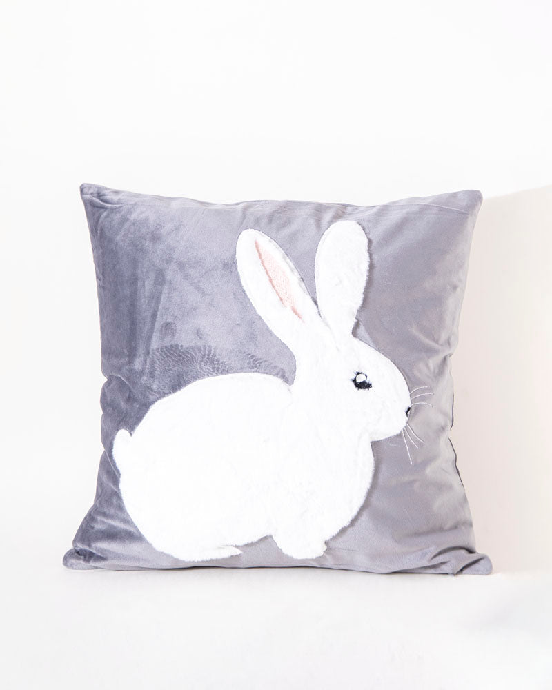 Rabbit Embroidery Cushion Cover - Grey