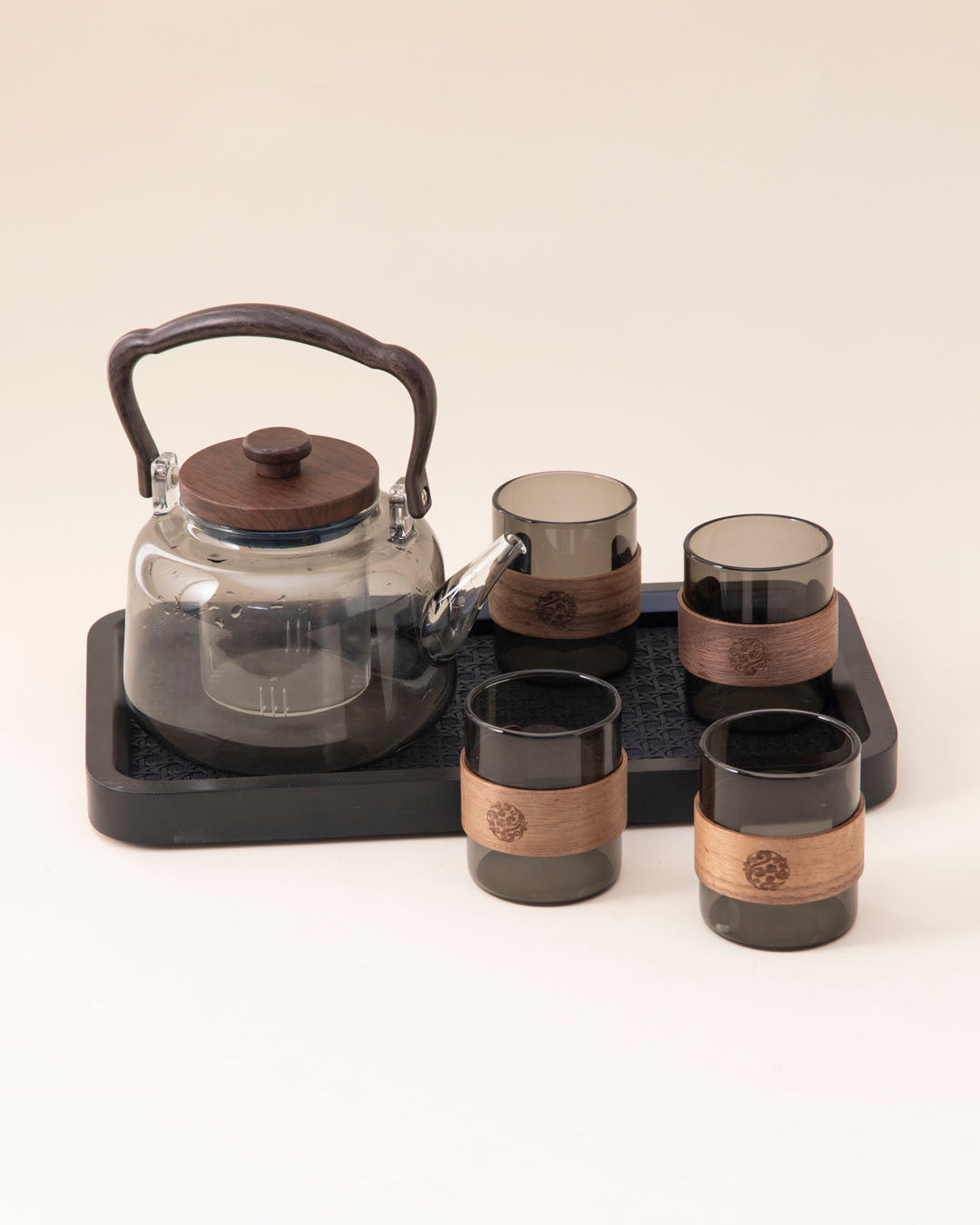 Glass Tea Set With Wooden Accents - 6 Piece Set