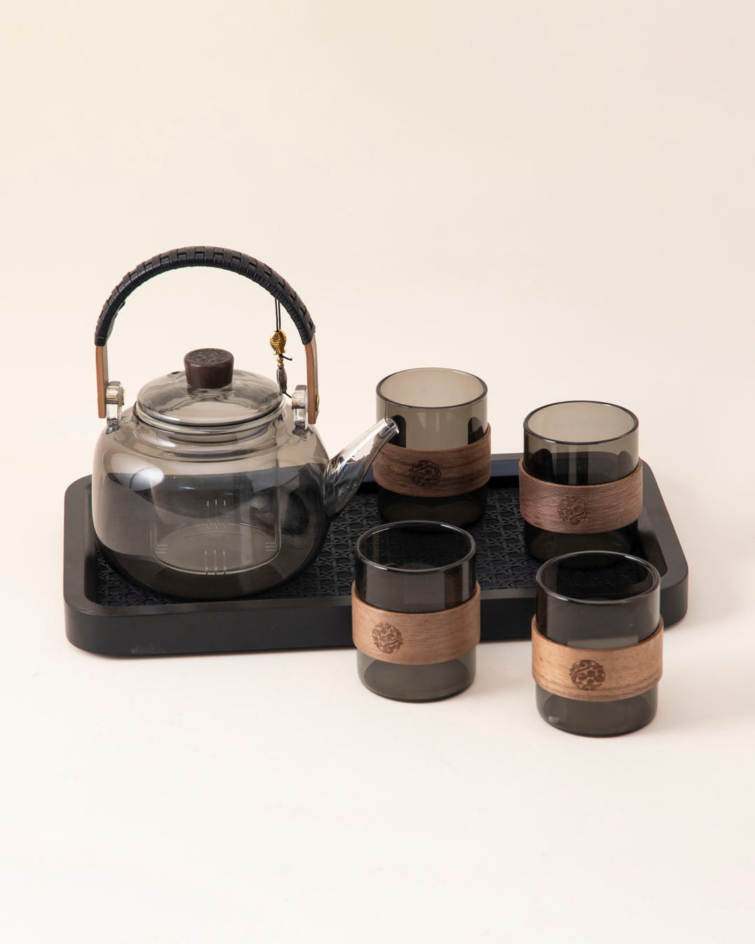 Glass Tea Set With Wooden Accents - 6 Piece Set