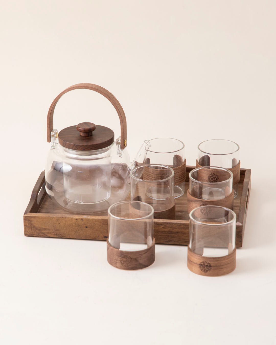 Glass Tea Set With Wooden Accents - 8 Piece Set