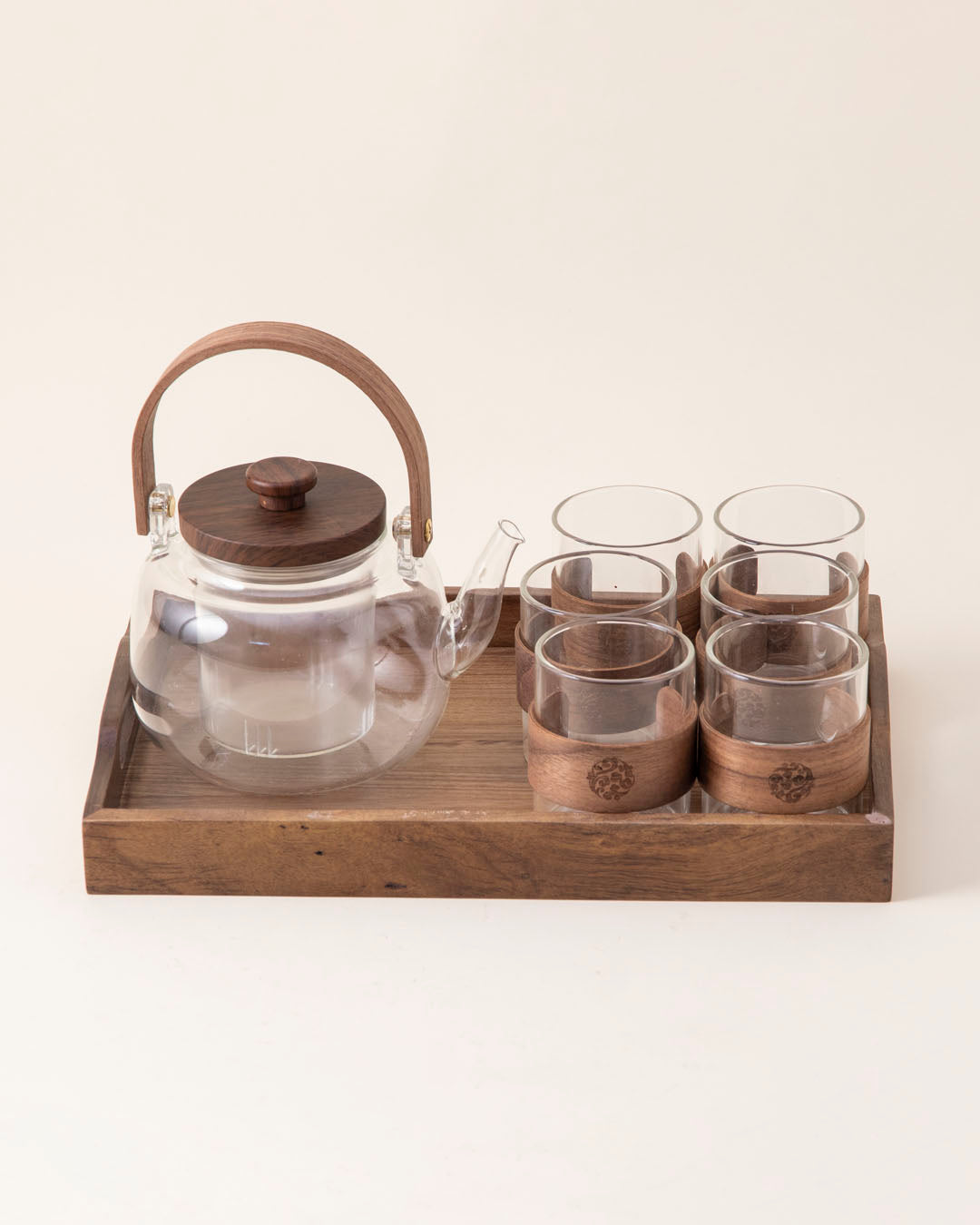 Glass Tea Set With Wooden Accents - 8 Piece Set