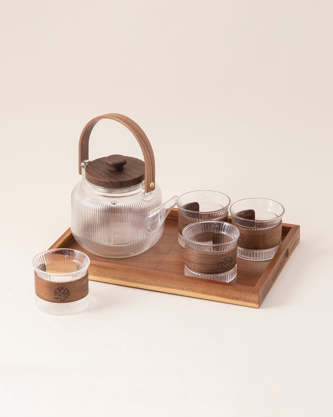 Glass Tea Set With Wooden Accents - 8 Piece Set
