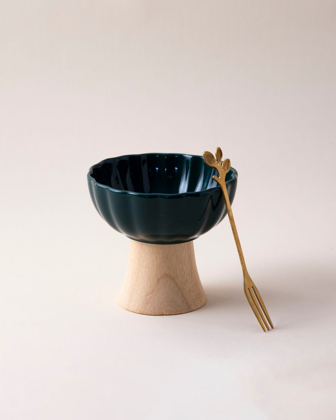 Ceramic + Wood Dessert Bowl - Green