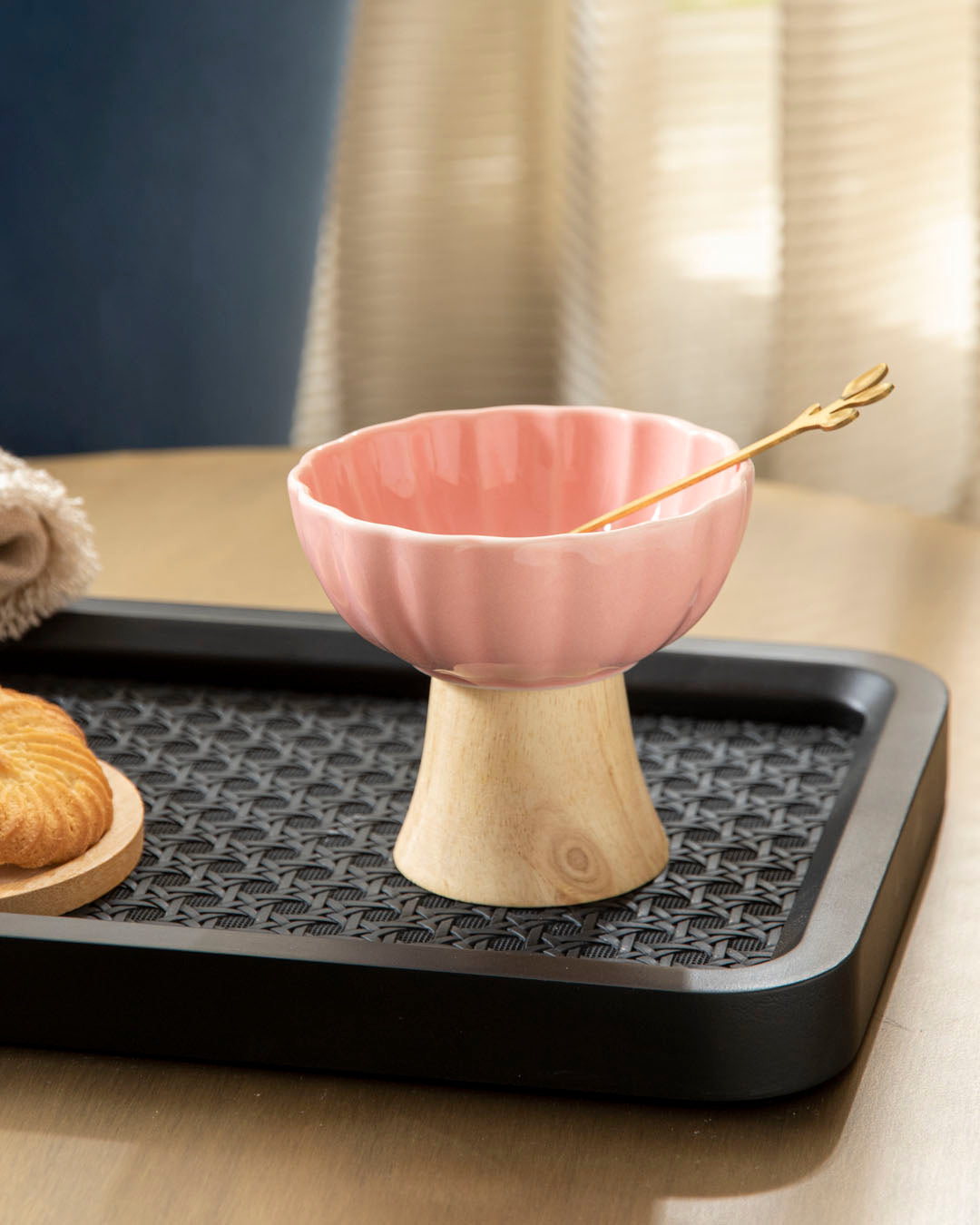 Ceramic + Wood Dessert Bowl - Pink