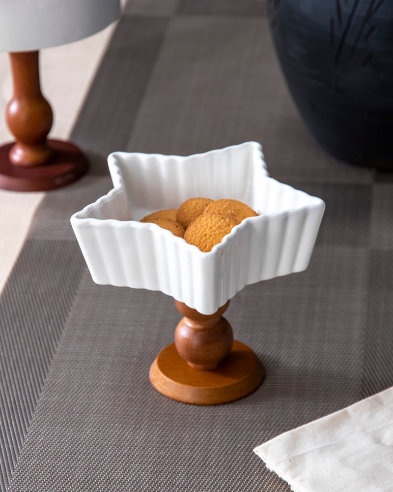 All White Star Ice Cream Bowl with Wooden Base - Small