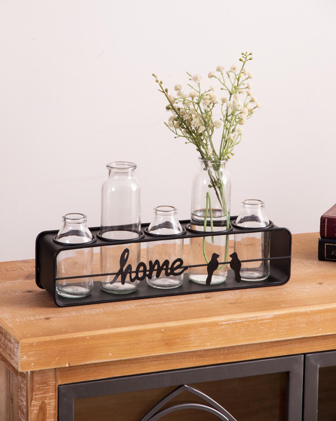 Rustic Home Glass Vase Set With Metal Stand