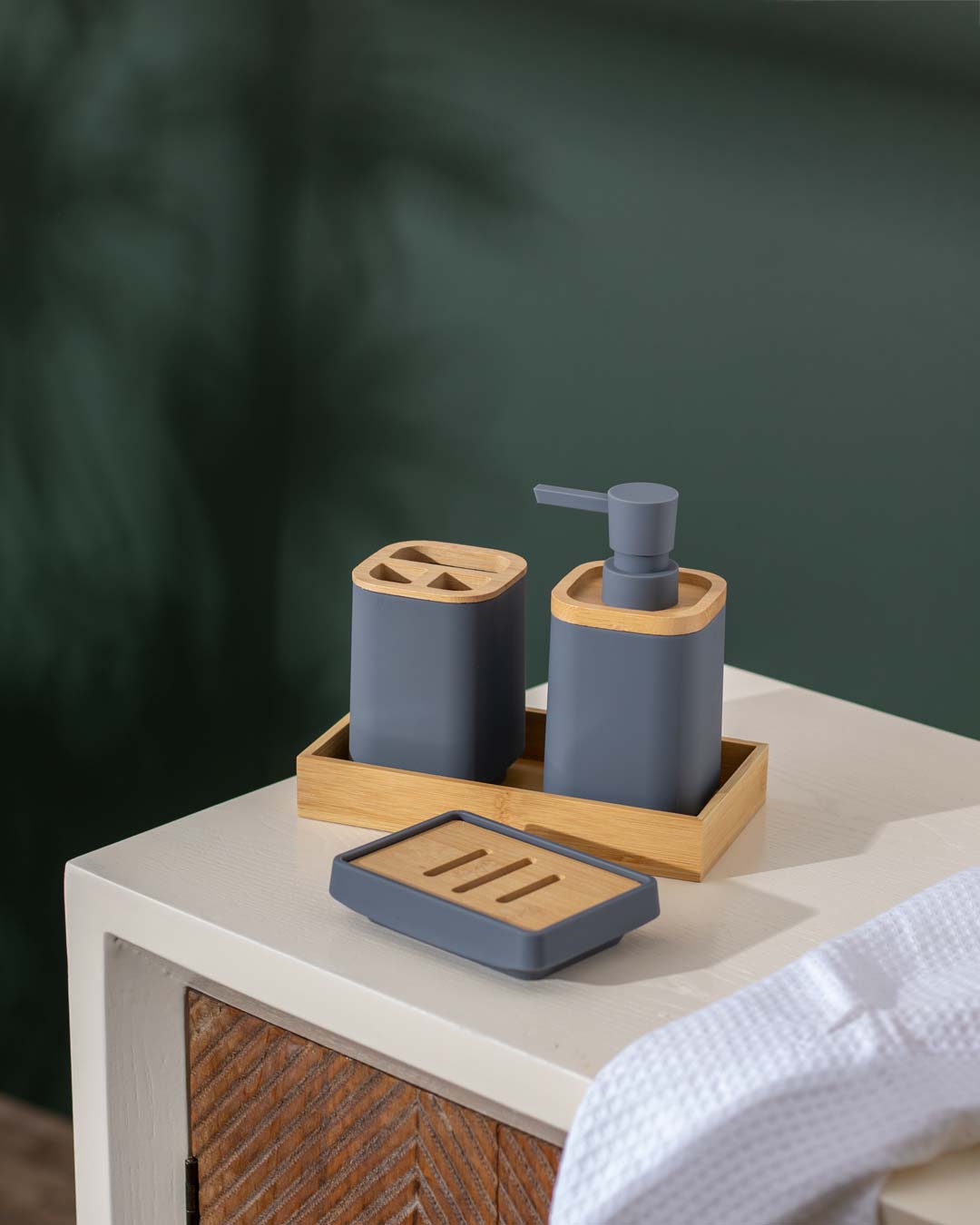 Elegant and Minimal Bluish grey bathroom accessory set with soap dispenser