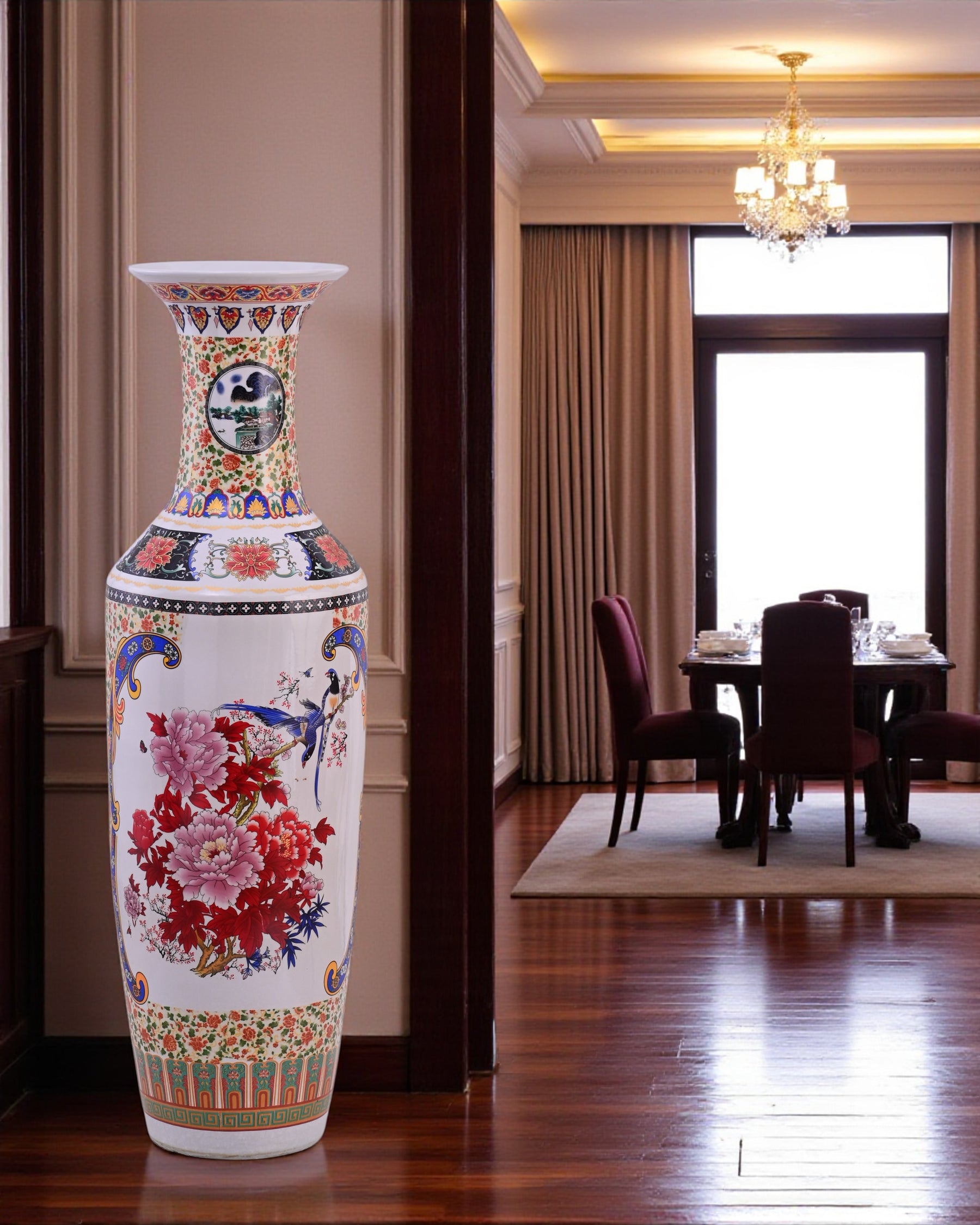 Regal Blossom & Songbird Tall Floor Vase