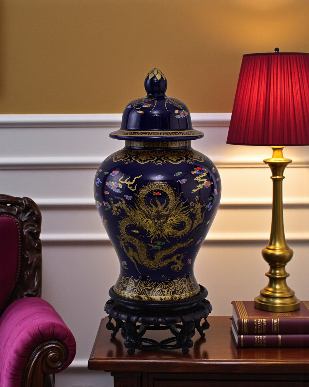 Golden Imperial Dragon Temple Jar - Midnight Blue - 35cm