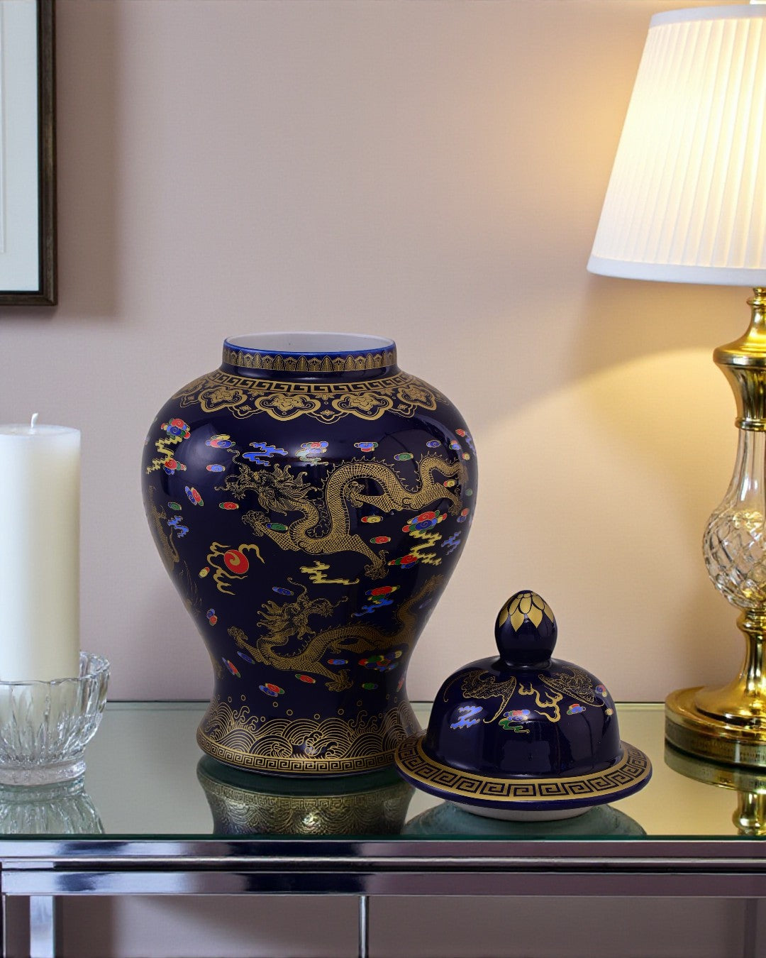 Golden Imperial Dragon Temple Jar - Midnight Blue - 35cm
