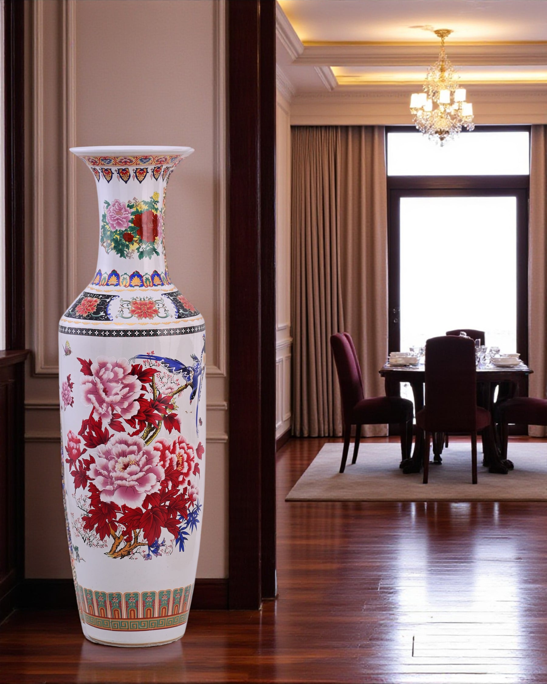 Majestic Peacock & Blossom Tall Floor Vase