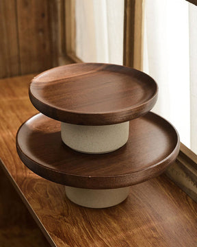 Close-up of the Wooden Rustic Round Cake Stand's surface, highlighting the natural wood grain and craftsmanship.