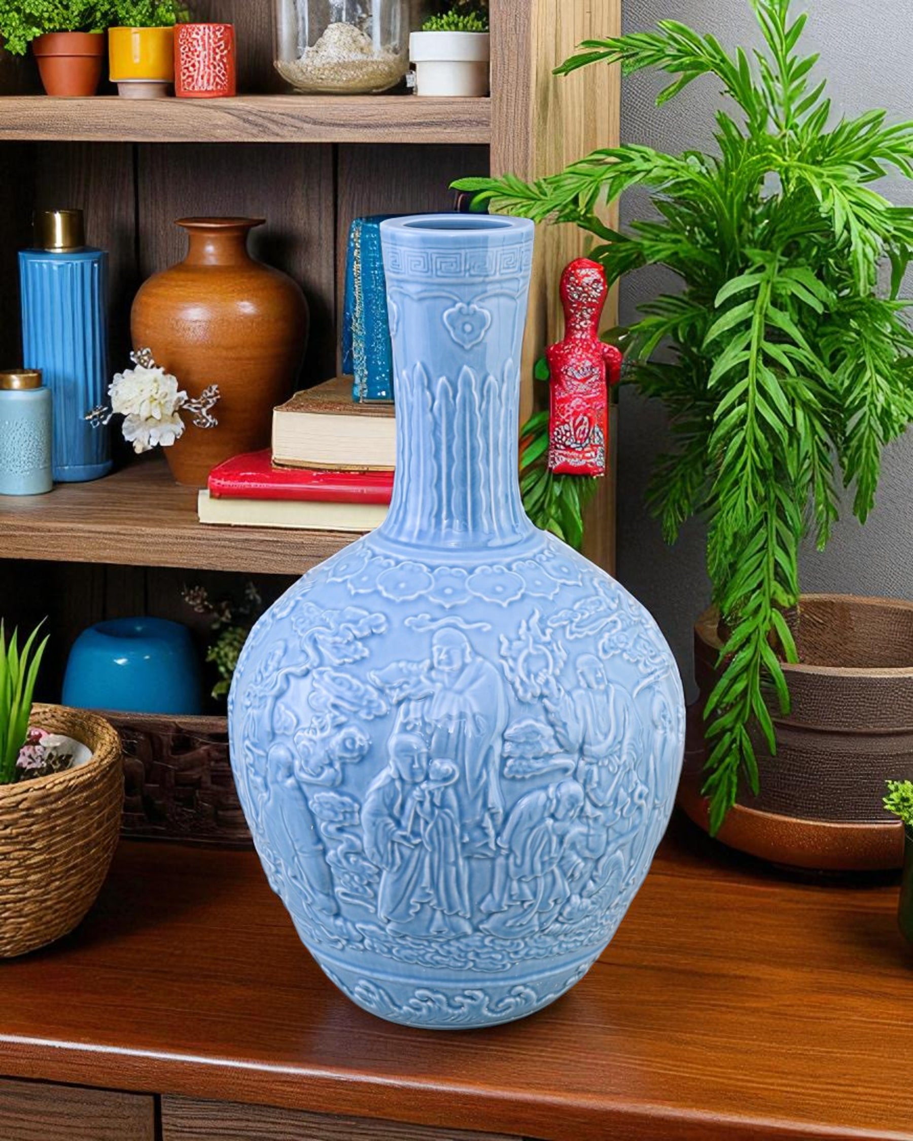 Celestial Blue Celadon Heritage Embossed Vase