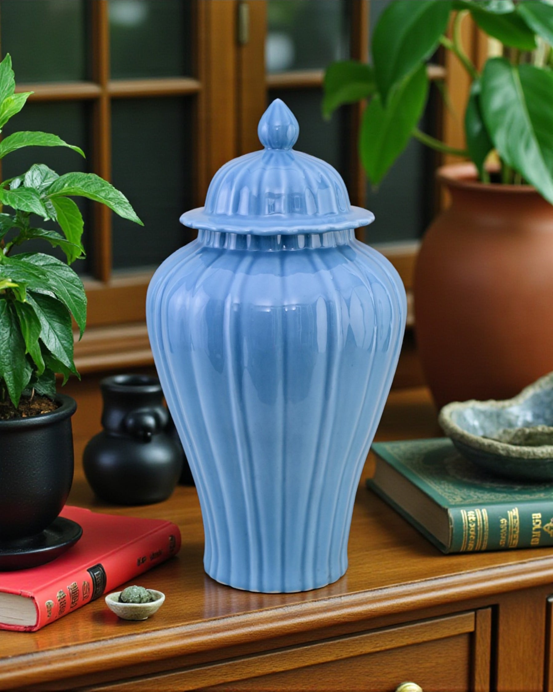 Celestial Blue Celadon Ribbed Temple Jar - 52cm