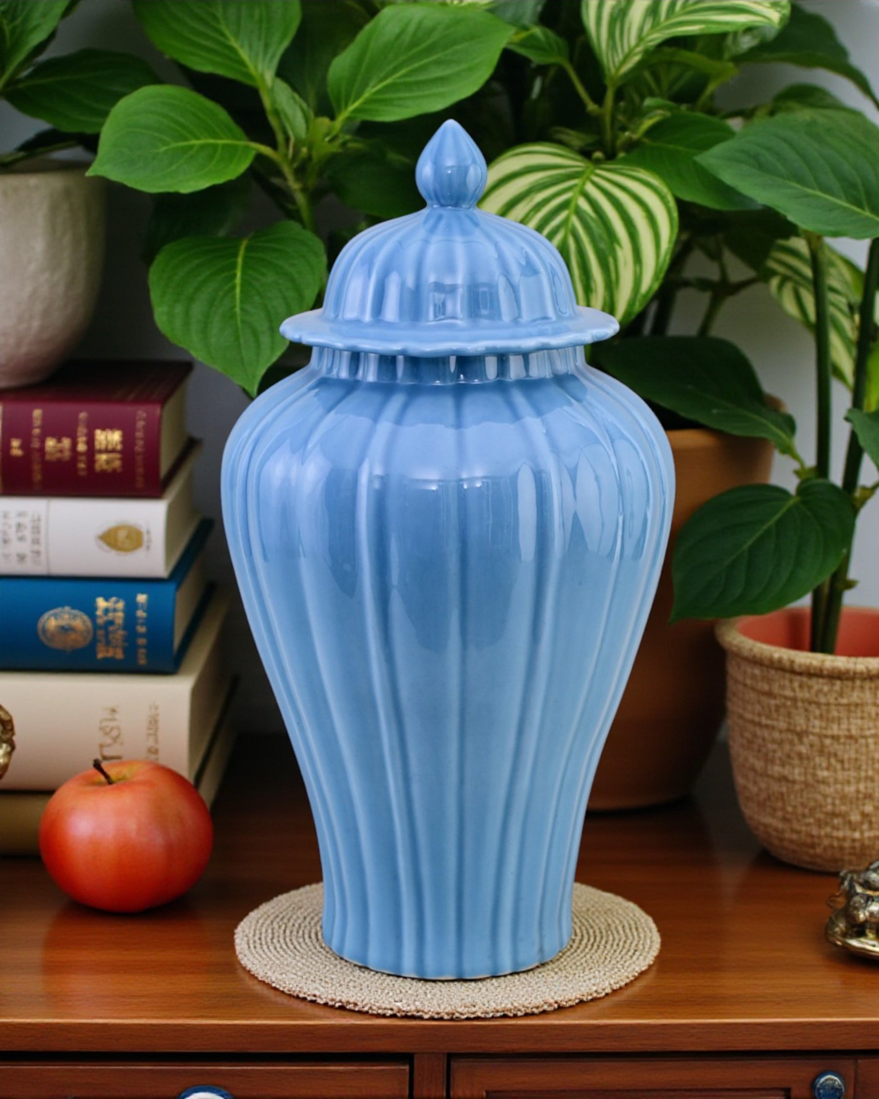 Celestial Blue Celadon Ribbed Temple Jar - 52cm