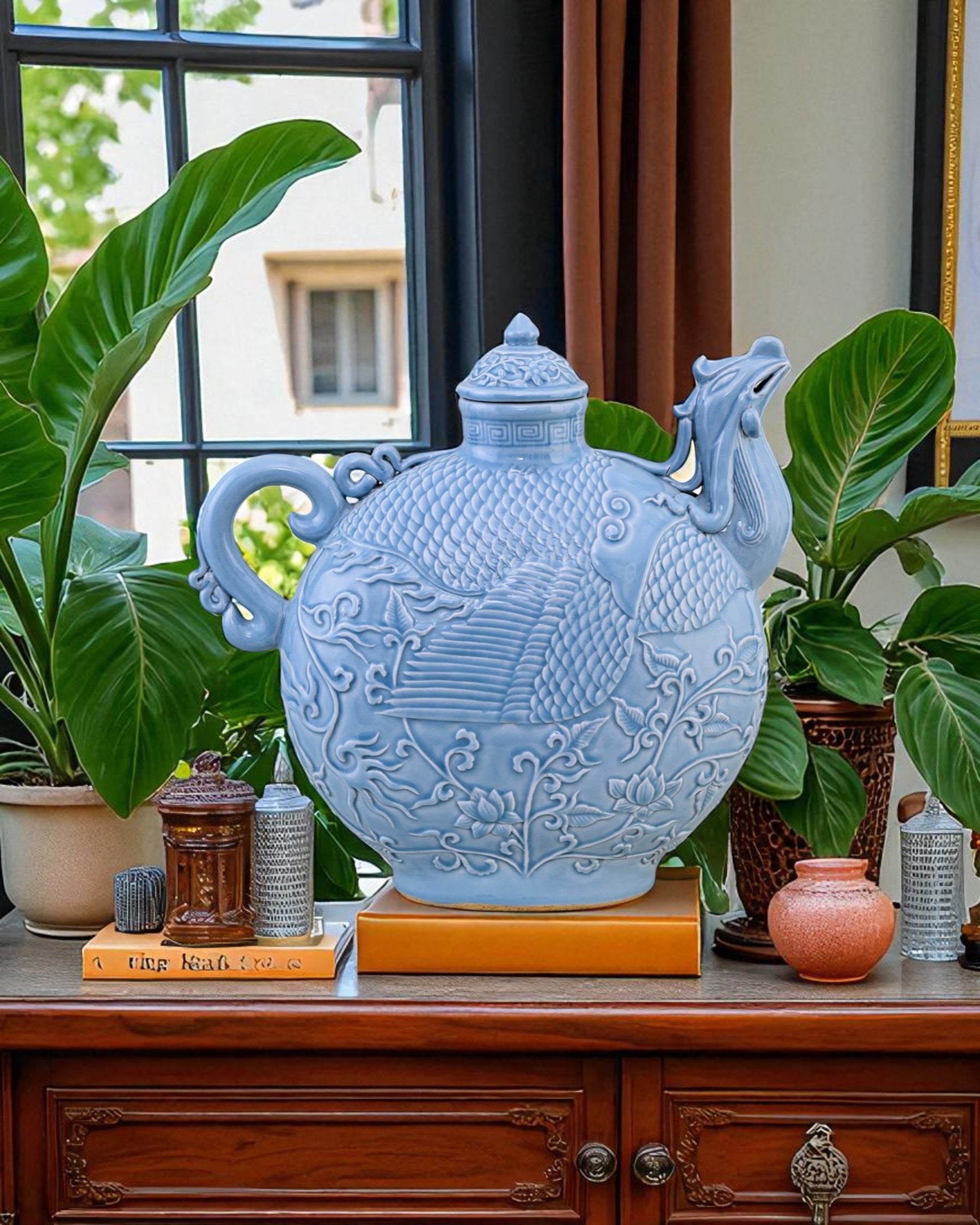 Celestial Blue Celadon Phoenix Lidded Moon Vase