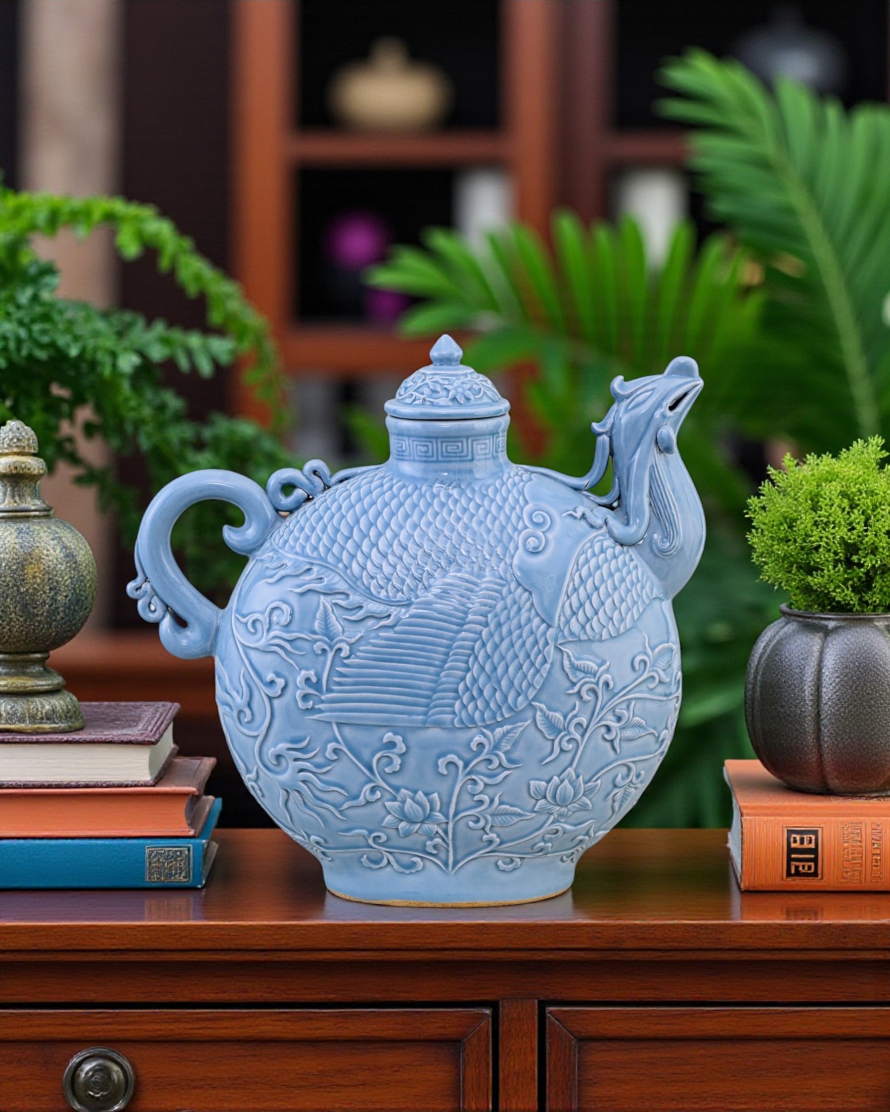 Celestial Blue Celadon Phoenix Lidded Moon Vase