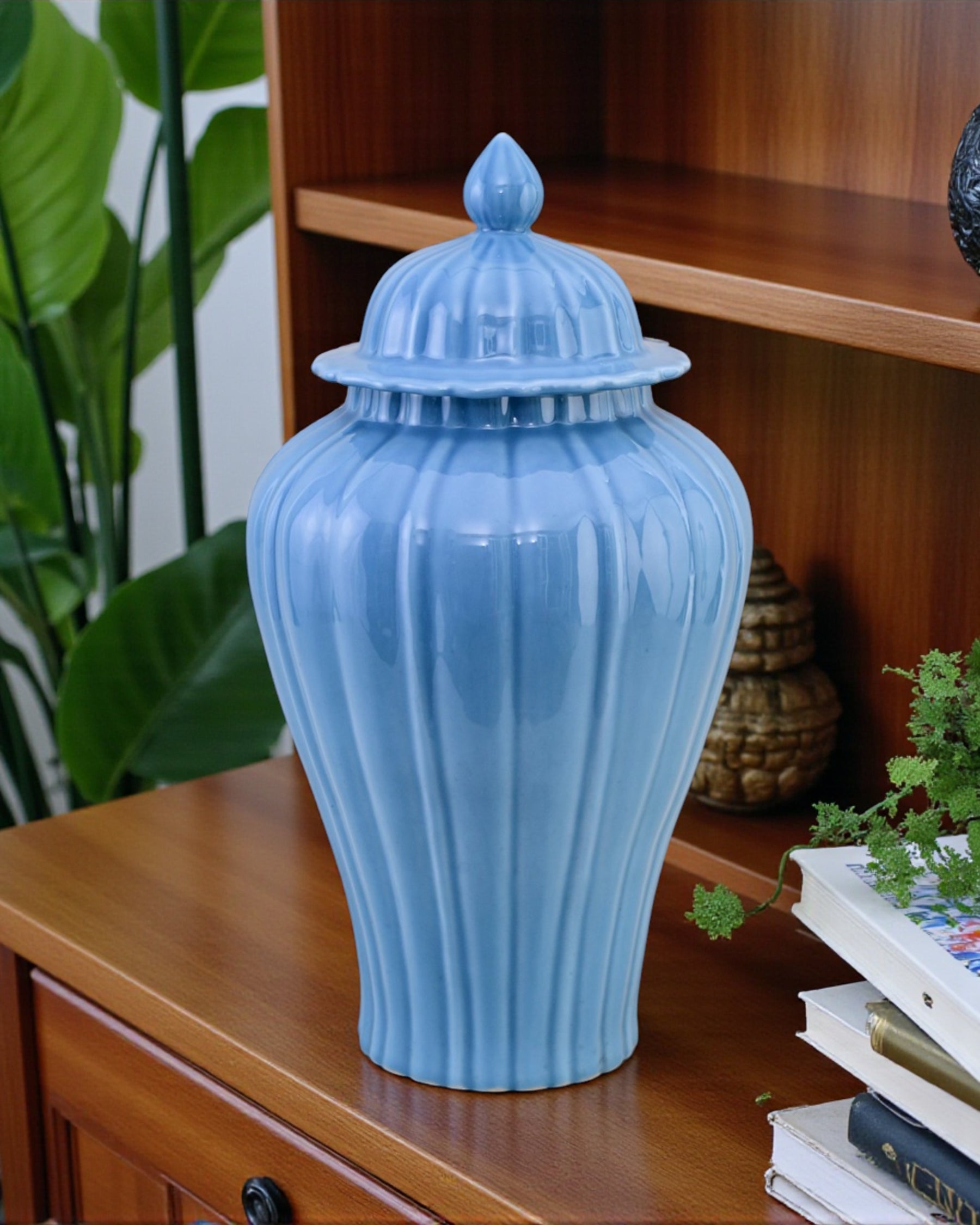Celestial Blue Celadon Ribbed Temple Jar - 52cm