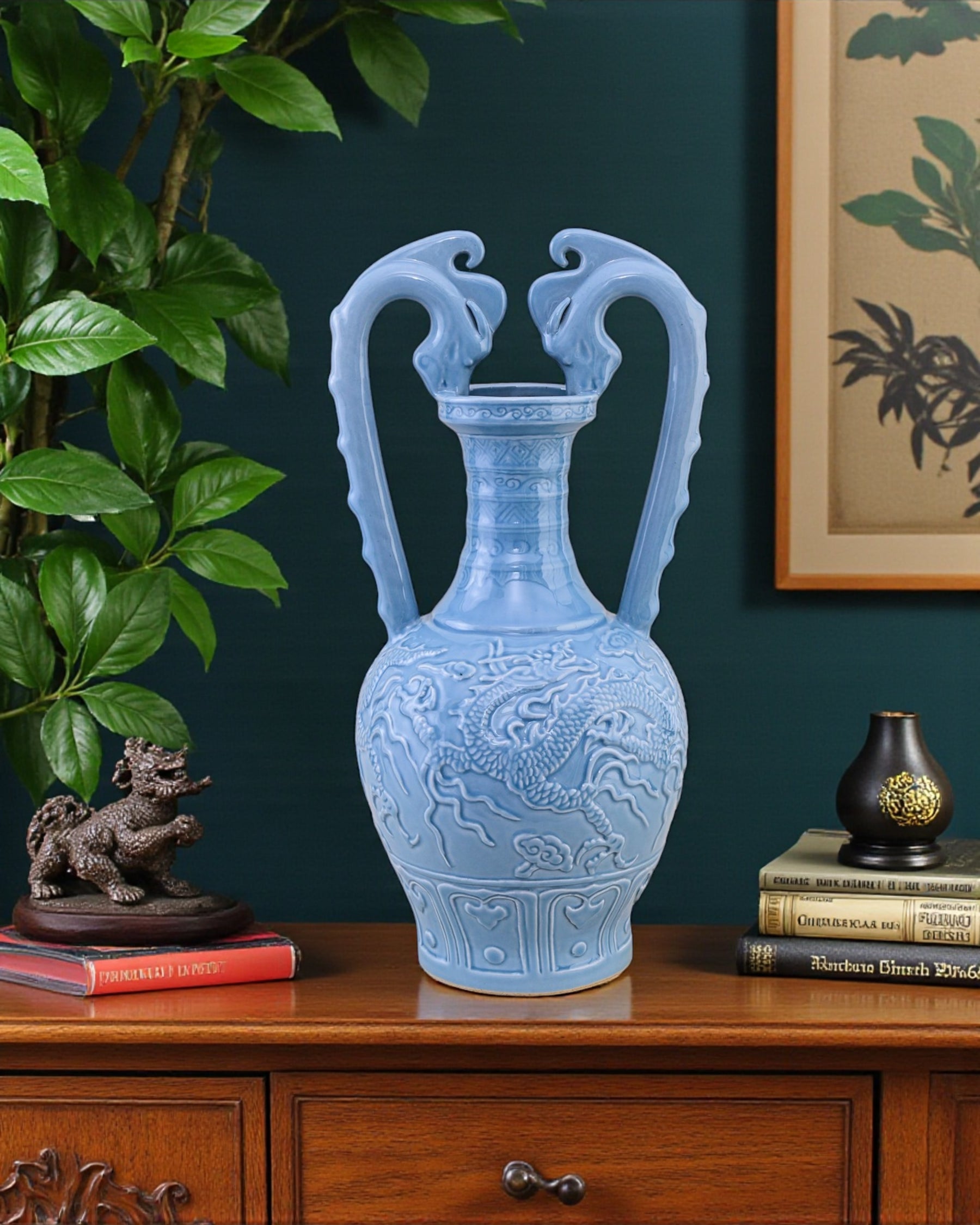 Celestial Blue Celadon Dragon Handle Vase
