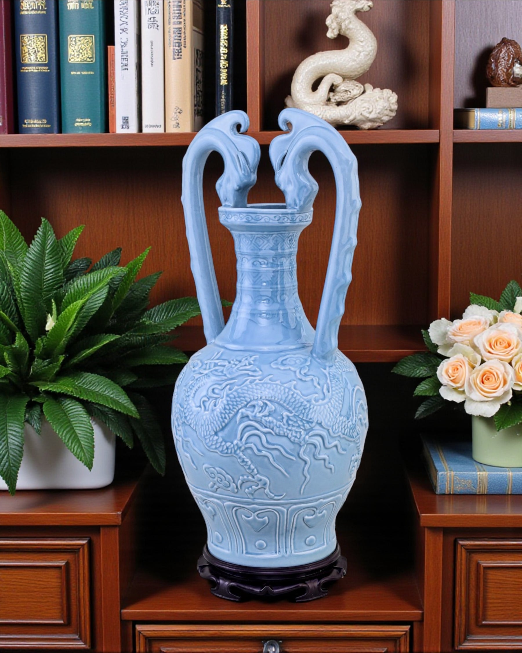 Celestial Blue Celadon Dragon Handle Vase