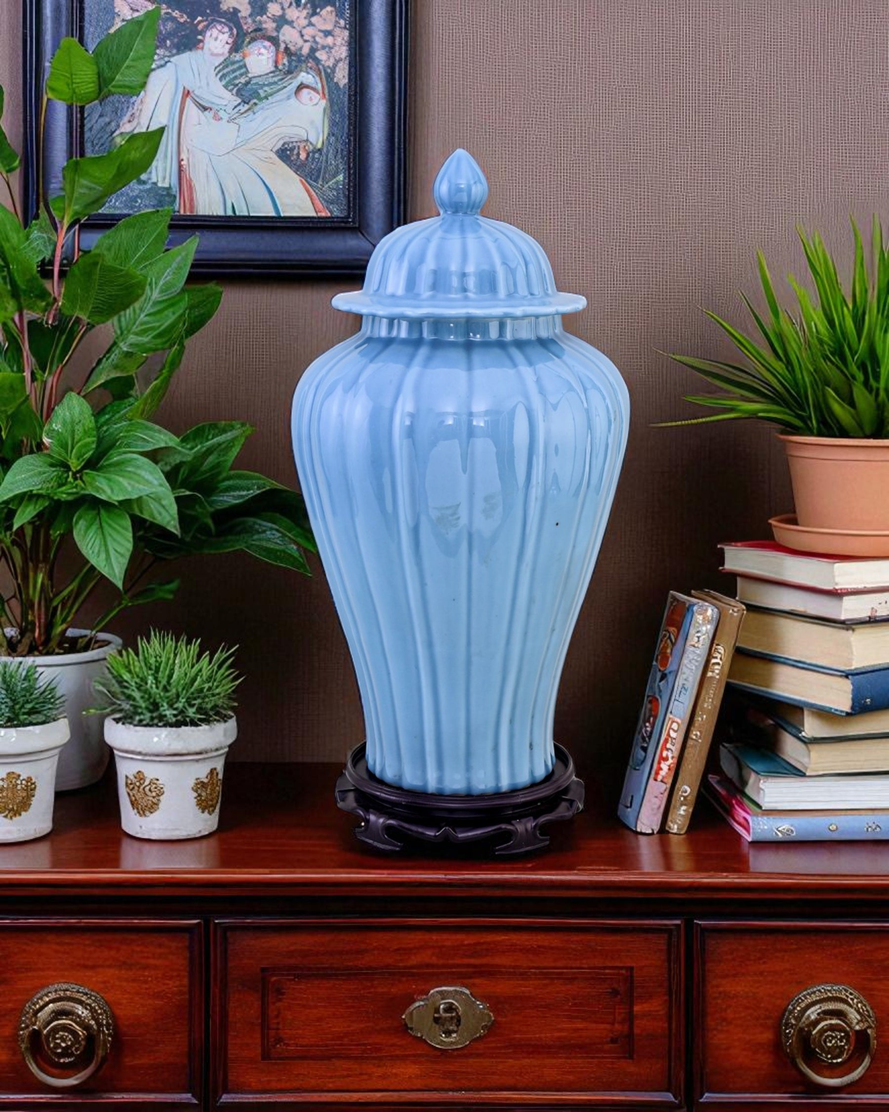 Celestial Blue Celadon Ribbed Temple Jar - 52cm