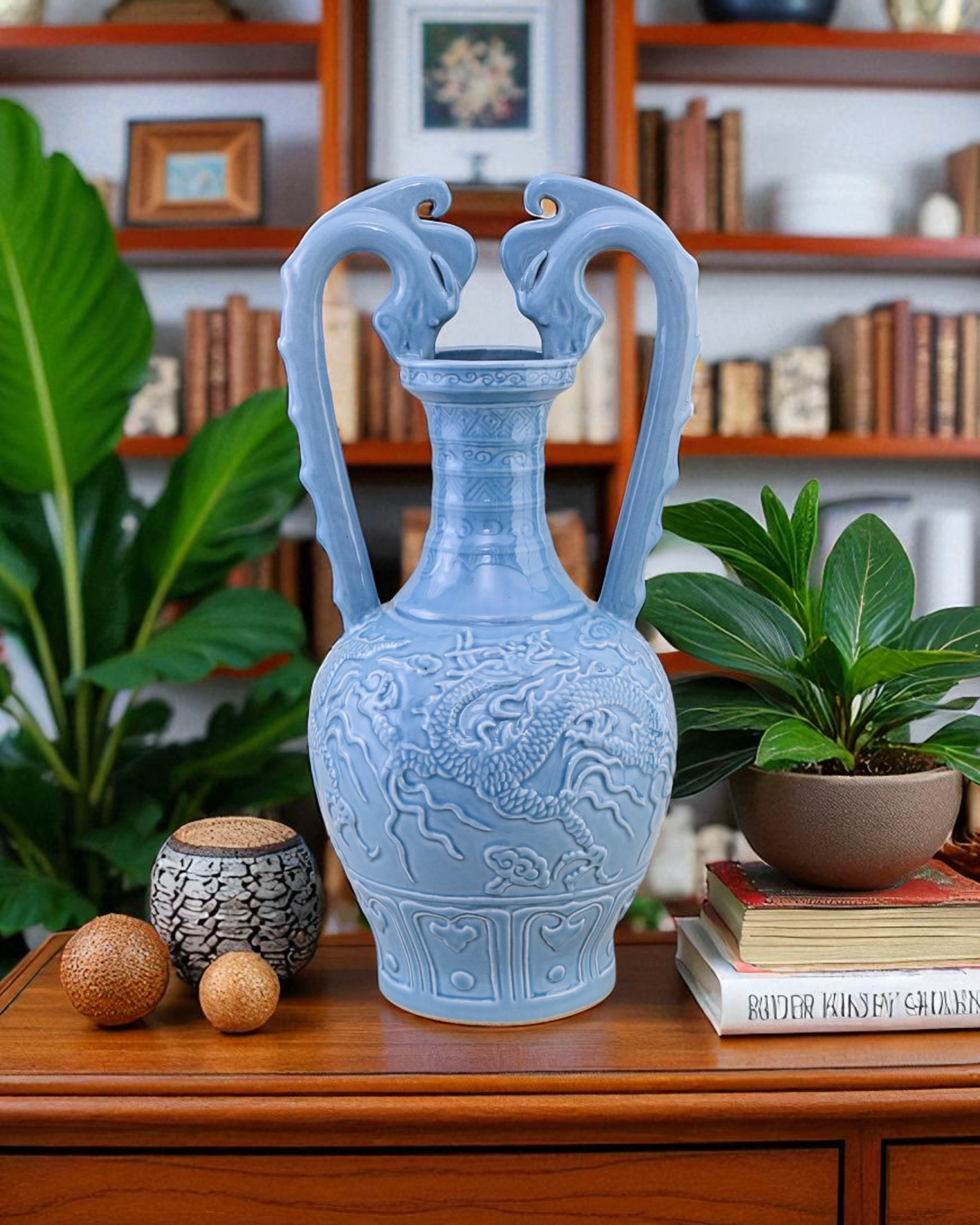 Celestial Blue Celadon Dragon Handle Vase