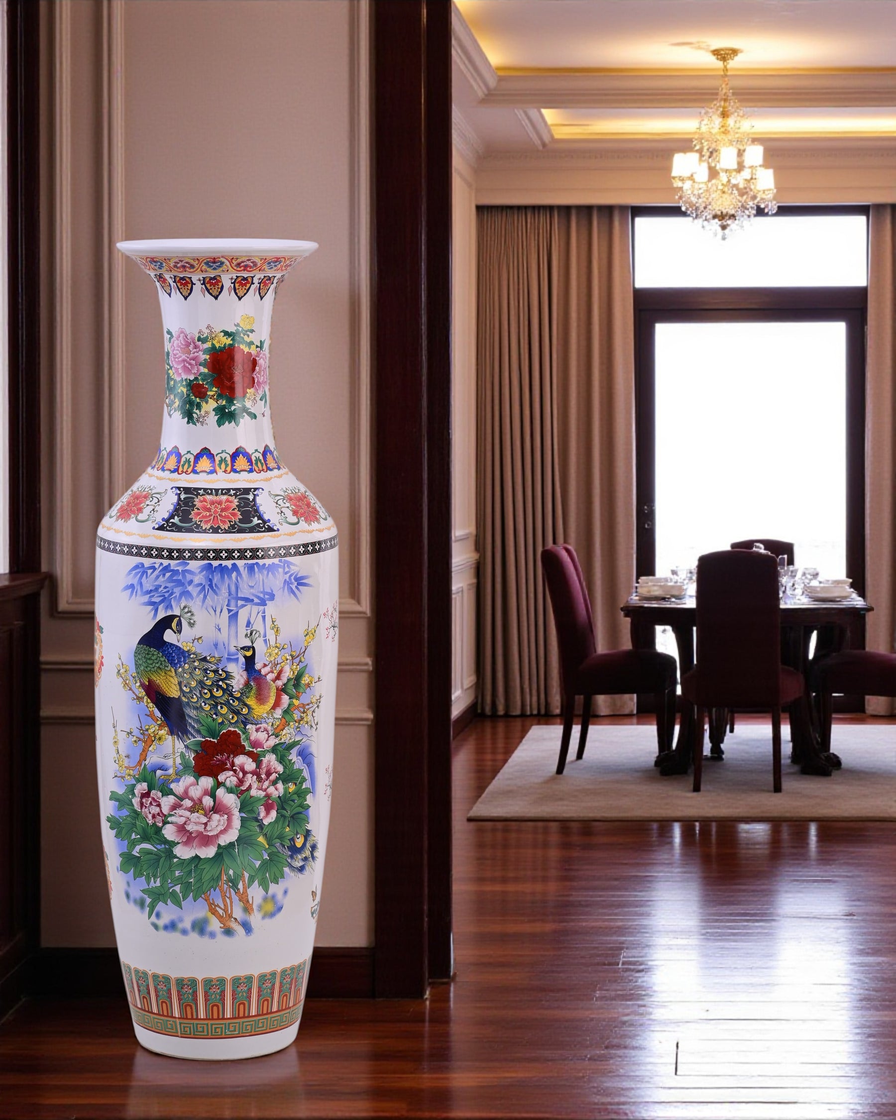 Majestic Peacock & Blossom Tall Floor Vase