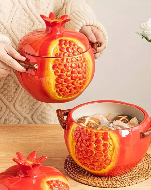 Pomegranate Shaped Ceramic Stew Bowl with Lid