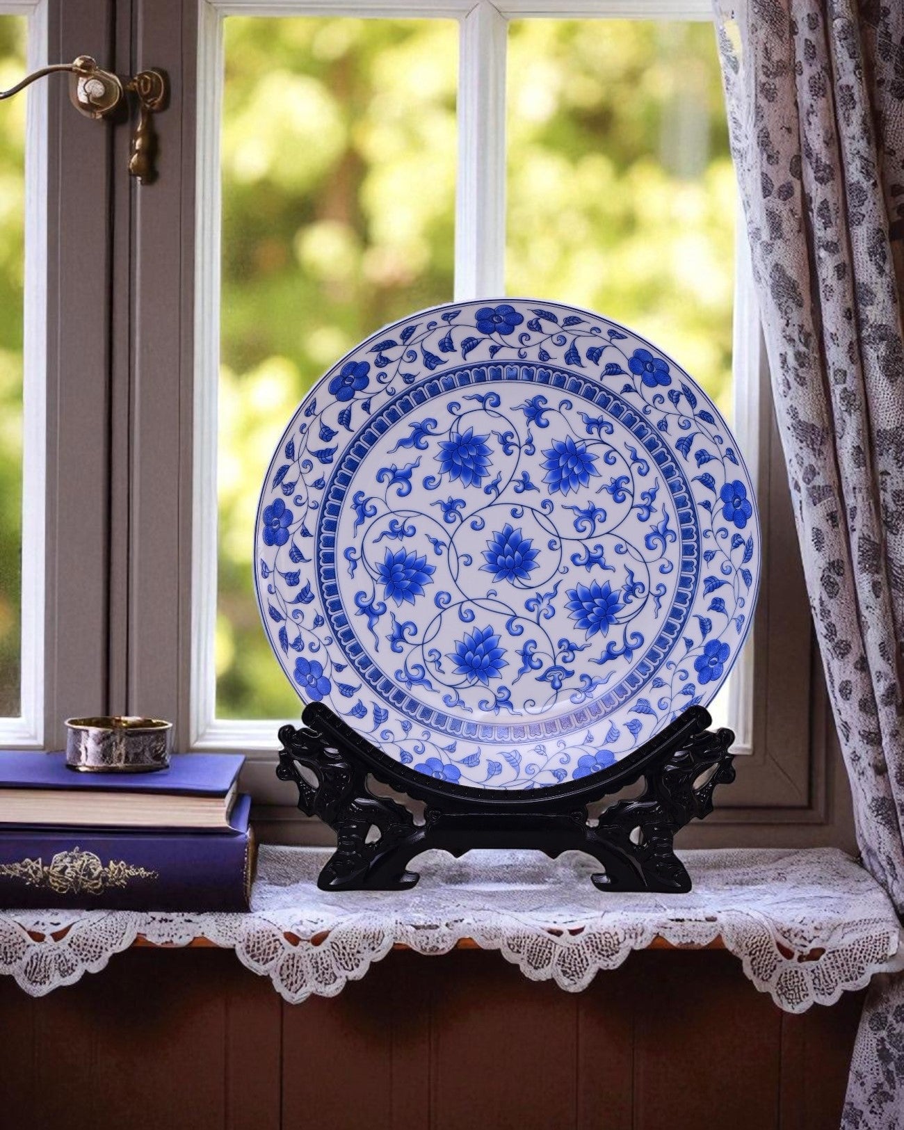 Blue Peony Blossom Decorative Plate - 14"