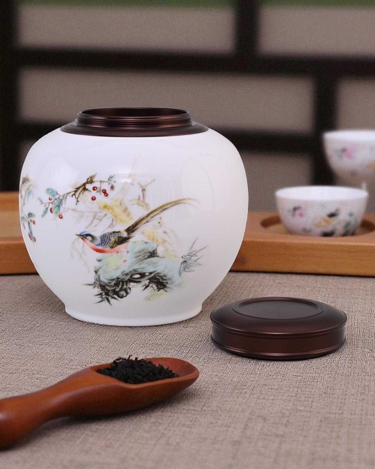 Snow Finch Hand Painted Porcelain Storage Jar
